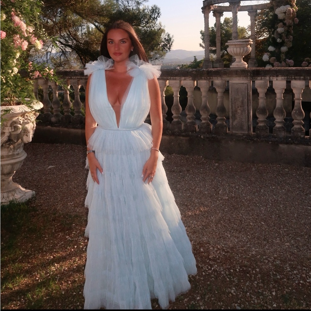 Sau Lee Sabrina gown in seafoam